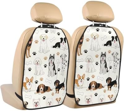 Car Seats Back Protector 2 PCS - Cute Dogs | with 3 Storage Pockets, Shield Seats From Dirt, Mud Scratches, Fits Cars SUVs Trucks and Jeeps