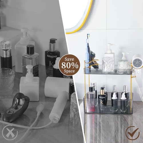 YCIA&DONE Bathroom Counter Organizer, Large Makeup Organizer Countertop, Shelf Storage, Vanity Tray, Easily Assemble for Bathroom Organizers and Storage, Undersink, Cabinet, 2 Tiers Grey