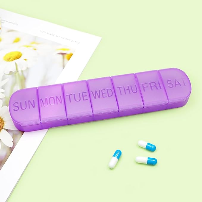 Weekly Pill Organizer, Once a Day, 7-Day Pill Box Container Tablet | Matte Purple, Large 7 Compartment Vitamins Case Pill Dispenser for Medicine, Medication, Fish Oils, Supplements, Capsule