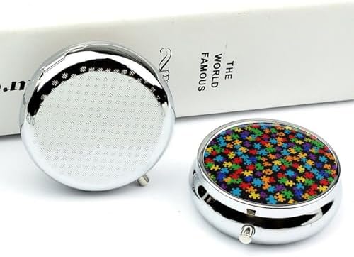 Round Pill Box with Mirror Colorful Puzzle Pieces Autism Awareness 3 Compartment, Decorative Metal Pill Case for Purse Travel Unique