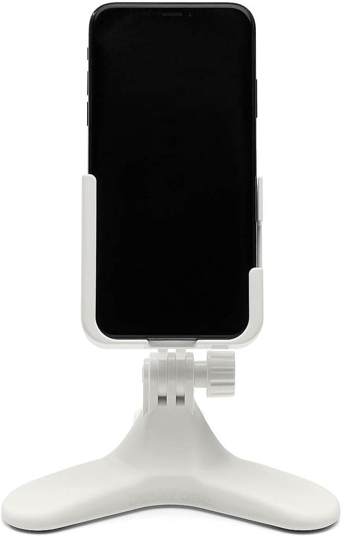 WeatherTech DeskFone Two View in White - Adjustable, Universal Cell Phone Holder Mount Stand for Desk, Counter, Table - Tripod Design for iPhone & Smartphone Charging - Orange Metal Knobs