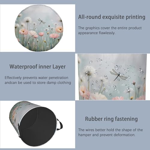 Dragonfly Laundry Hamper,Dandelion Flower Dirty Clothes Laundry Basket with Handles Waterproof Oxford Cloth Storage Basket for College Dorms Bathroom Bedroom 16" x 20.8"