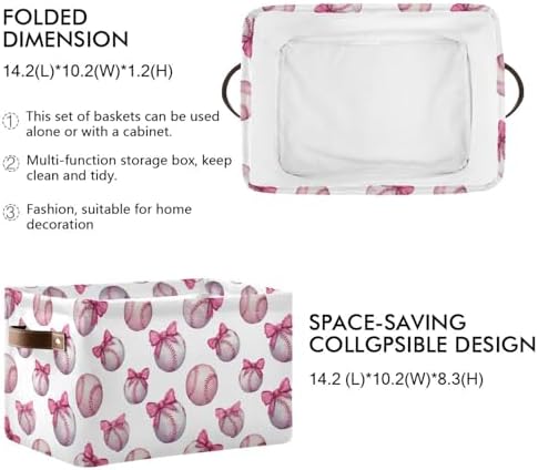 Pink Bow Baseball Square Baskets Storage Bins Foldable Fabric Organizer Bin Open Home Shelf Baskets