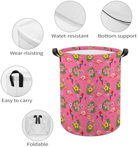 Waterproof Collapsible Hamper Flamingos Flower Parrot Palm Pink Summer Holiday, Large Capacity Laundry Basket with Handles for Clothing, Toy, and Home Organization