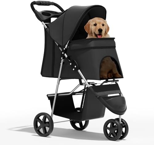 Foldable 3-Wheel Pet Stroller for Small/Medium Dogs & Cats, Black | Storage Basket & Cup Holder, Breathable Mesh Cover, Lightweight and Durable, for Small to Medium Pets, up to 33 lbs