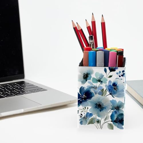 Watercolor Flowers Pen Holder for Desk Decor, Rectangular PVC Leather Pencil Cup for Desk Pen Organizer, Makeup Brush Holder for School, Home, Office