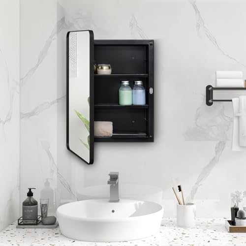 Black 16 x 22 Wall Medicine Cabinet, Mirror Door, Recessed or Surface Mount | Recessed Bathroom Mirror Cabinet with 2 Adjustable Shelves, Reversible Door And Hardware; Fully Assembled for Wall Mounting