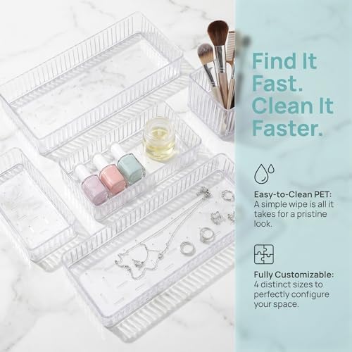 Plastic Drawer Organizer Trays and Raised Edges with Removable Dividers Stackable Pet Storage Bins 10pcs for Bathroom Counter, Vanity, Kitchen Gadgets, Makeup, Jewelry