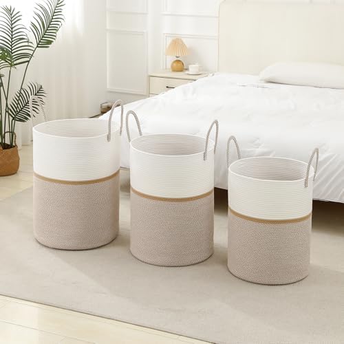 Laundry Basket Hamper Tall Rope Storage Woven for Blanket toys Dirty Clothes in Living Room Bathroom Bedroom (Blend White & Camel, 60L/15.8Gal)