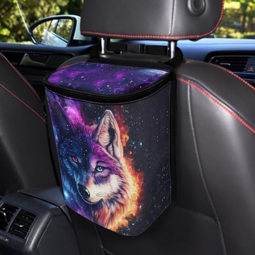DISNIMO Galaxy Star Wolf Car Trash Can with Lid, Leak Proof Trash Bin Garbage Bag Collapsible Automatic Portable Trash Can, Easy to Clean, Used in Car Home Office