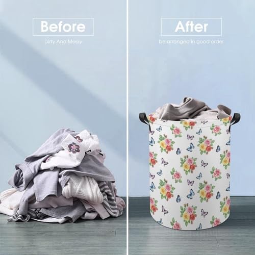 Large Laundry Basket with Handles Flower Shabby Chic Roses Buds Leaves Tulips Floral Butterfly, Collapsible Waterproof Hamper for Clothes, Toys, and Towel Organization at Home