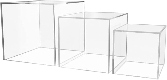 6 Pack Acrylic Display Riser Boxes 3 Piece No Lid Clear Retail Product Riser with Hollow Bottom 4", 5", 6" High Nesting Bins One Open Side Merchandise Storage Box by Marketing Holders