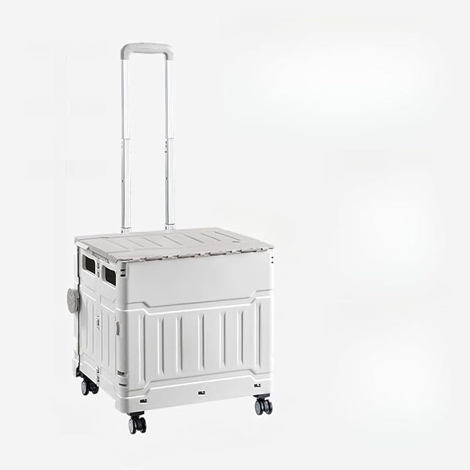 Collapsible Shopping Box Trolley on Wheels with Lid,75L Large Capacity Folding Portable Rolling Crate Handcart with Telescopic Handle for Camping (Grey,Four Wheel Medium)
