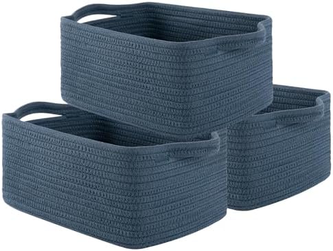 OIAHOMY 3 Pack Storage Baskets for Shelves Cotton Rope Storage Bins Blue | Woven Baskets for Storage Nursery Storage Basket with Handles Baskets for Organizing Small Baskets Gift Baskets Empty