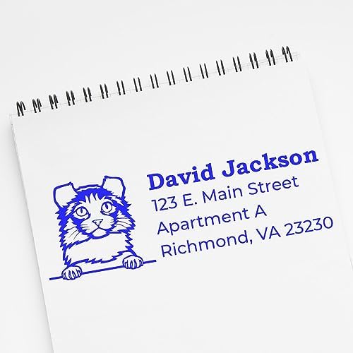 Peeking Kinkalow Cat Wood Handle Address Stamp - 4 Line Custom Imprint | Nothing to dry out. Address Stamp with Kinkalow Cat. Custom Address Stamp for Animal Lovers. 7/8 by 2-1/4 inch imprint.
