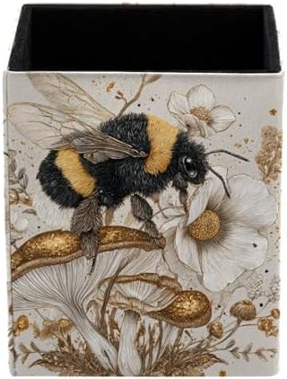 Bee and Mushroom Pen Holder for Desk Decor, Rectangular PVC Leather Pencil Cup for Desk Pen Organizer, Makeup Brush Holder for School, Home, Office