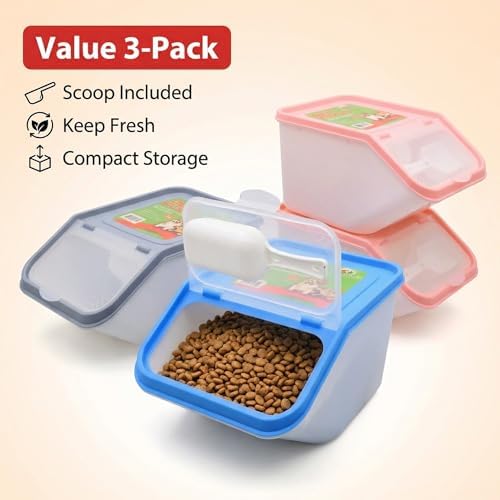 3-Pack Airtight Pet Food Storage Container Set, 3000ML Small Dog Cat Food Bin with Scoop, 10" x 6.7" Clear Kibble Container with Sealing Ring, Moisture-Proof Treat Organizer - Blue, Pink, Grey