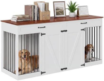 71'' Dog Crate Furniture for 2 Dogs, Dog Crate with 2 Drawer, Farmhouse Dog Crate with Removable Divider Dog Kennel Furniture, Heavy Duty Dog Cage and TV Stand for Large Medium Dogs