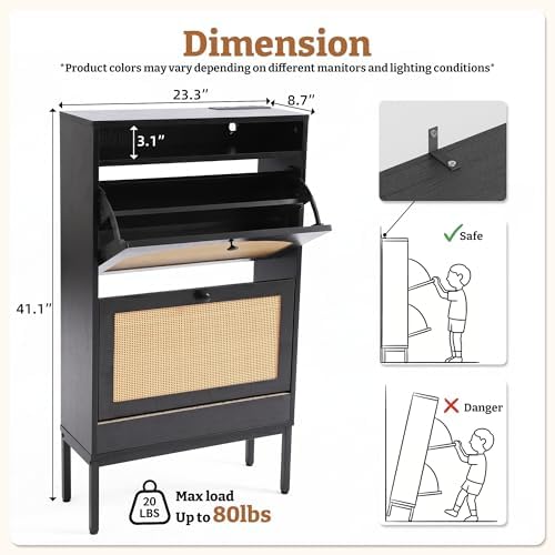 2 Flip Drawers Shoe Cabinet Storage for Kid’s/Women, Narrow Shoes Organizer Cabinetfor Front Door Entrance, Free Standing Hidden Wooden Shoe Rack (Black)