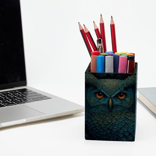 Owl Pen Holder for Desk Decor, Rectangular PVC Leather Pencil Cup for Desk Pen Organizer, Makeup Brush Holder for School, Home, Office