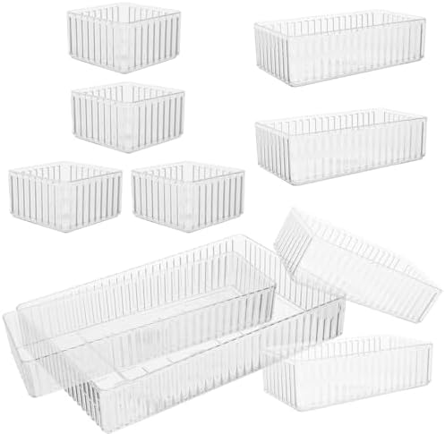 PRETYZOOM Plastic Drawer Organizer Trays Flexible 10pcs with Removable Dividers and Raised Edges, Stackable Pet Storage Bins for Vanity, Makeup, Kitchen Gadgets, and Office Drawers
