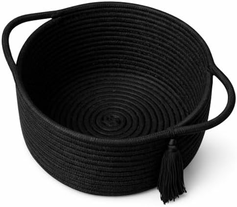Small Gift Basket Empty to Fill with Gifts Bag & Ribbon, Black | Cute Decorative Mini Woven Rope Basket with Handles for Gifting; Reusable for Bathroom Counter or Desk Catchall, 8 x 4.7 in