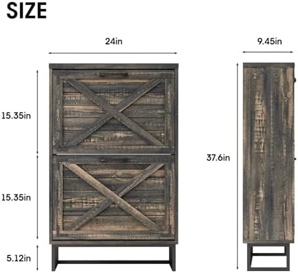 Maupvit 24" W Farmhouse Shoe Cabinet Storage for Entryway, Freestanding Organizer with 2 Flip Drawers, Narrow Shoe Rack Cabinet with Metal Corner Decoration, Dark Rustic Oak