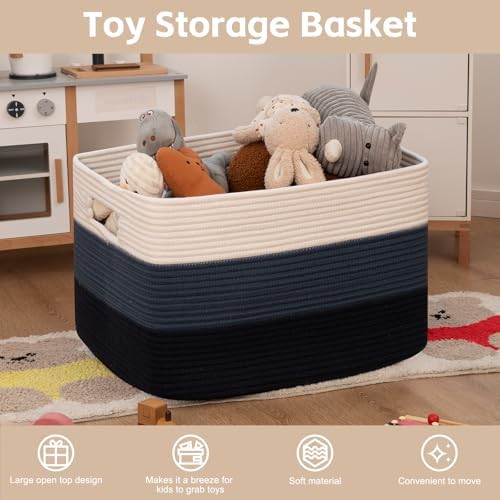 OIAHOMY 118L Extra Large Blanket Basket Cotton Rope Storage Basket Blue | 5" x 17" x 16", Rectangular Baskets Living Room,Used for storing Dirty Clothes, Toy Storage for Nursery Brown Black