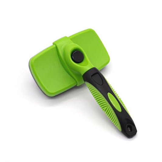 Self Cleaning Slicker Brush for Dogs & Cats, Gentle Deshedding and Hair Removal Tool for Long & Short Haired Pets, Easy Push Button, Green