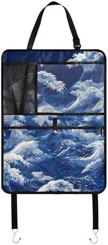 2 Pack Back Seat Car Organizer with Storage Pockets Kick Mats Back Seat Protector Hanging Car Organizer Automotive Seat Back Cover Organizers Japanese Deep Blue Sea Waves