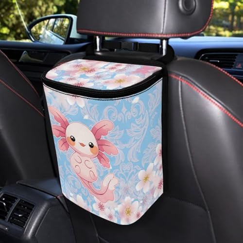 DISNIMO Cherry Blossom Axolotl Car Trash Can with Lid Cute Car Accessories Leak Proof Car Trash Bag Hanging Car Garbage Can Multipurpose Storage Container for Back Seat Road Trip