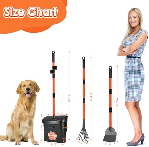 SlowTon Dog Pooper Scooper, 37.4" Long Handle Poop Scoop for Large Dogs | Adjustable, Portable, Non Breakable, with 10 Waste Bags, Swivel Large Bin & Rake & Spade Kit, for Gravel Lawn Grass