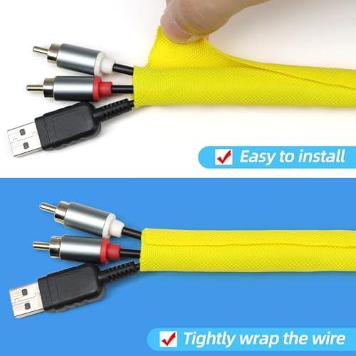 Automotive Wire Loom Tubing, Split Braided Cord Protectors from Pets No Chew, Flexible Cable Sleeve Cable Management for TV/Computer/Electric Wires (Yellow, 3/8"-25ft)