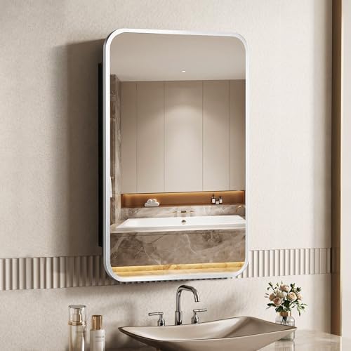ACEMIRO 16x24 Inch Medicine Cabinet with Mirror Brushed Silver Metal Framed Recessed Bathroom Mirror Medicine Cabinet Wall Mounted