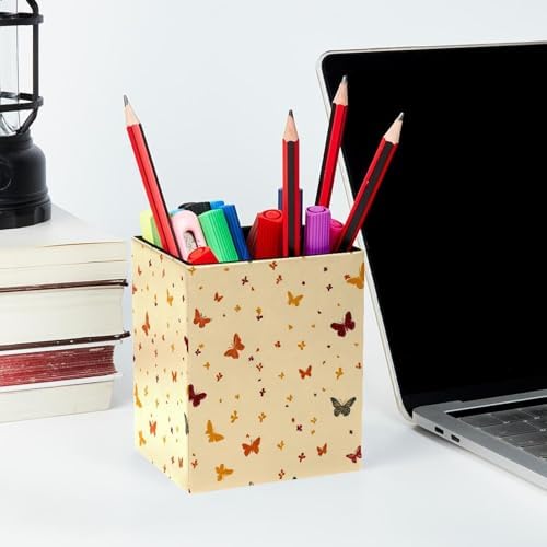 Butterfly Pen Holder for Desk Decor, Rectangular PVC Leather Pencil Cup for Desk Pen Organizer, Makeup Brush Holder for School, Home, Office