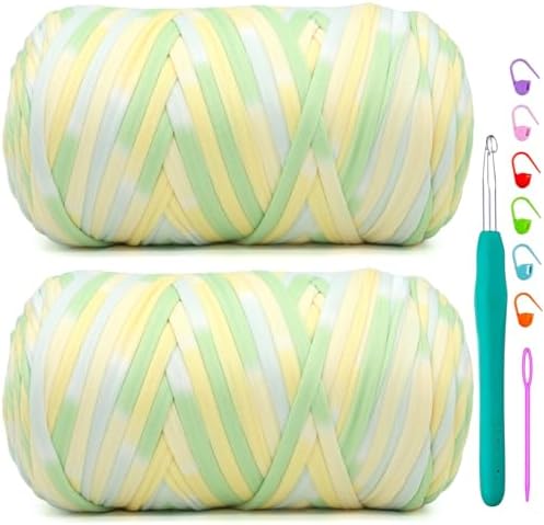 2 Pack Tshirt Yarn for Crochet,Rainbow T Shirt Soft Elastic Fabric Chunky Thick T-Shirt Crochet Yarn for Crocheting Knitting Beginner Hand Knitting Bag/DIY Craft/Home Decor 2 * 400G-Green Yellow