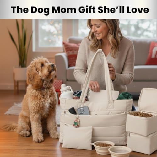 rubyloo Dog Mom Bundle - Puffer Tote with Storage Containers (Rust) and Travel Dog Bed Large (42”x30”) (Sunset Surf Teal) - Travel Bag and Portable Outdoor Bed Set
