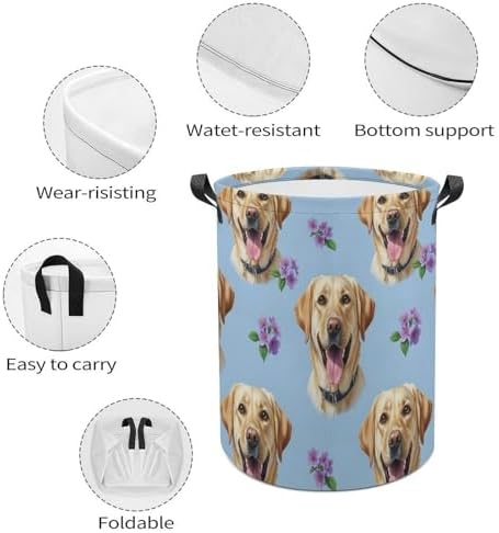 Portable Waterproof Hamper Floral Yellow Labrador Dog Pet Painting, Foldable Laundry Basket with Handles for Bedroom, Bathroom, and Clothes Storage