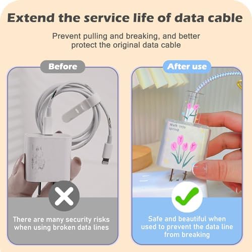 Cute DIY Cable Protector for iPhone Adapter Charger, Hot Pink Tulip Flowers Design, Soft TPU Clear Cord Wire Saver Data Line Cable Case Charger Protector for iPhone X 11 12 13 14 15 Pro Max