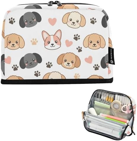 Emelivor Dogs Pets Puppies White Pattern Large Capacity Pencil Case Stand Up Pencil Pouch for School Office Aesthetic Pen Organizer Bag with Pockets Portable Makeup Pouch for Kids Adults Boys Girls