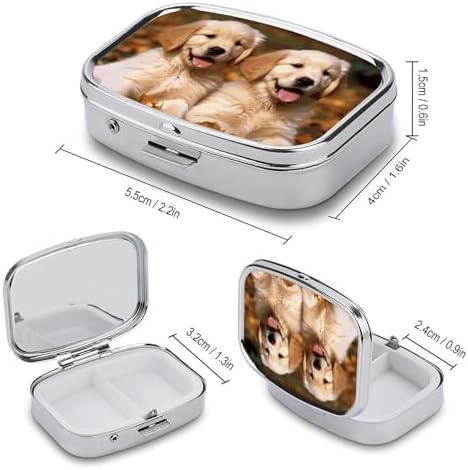 Golden Retriever Dogs Puppies Pets Pill Organizer with Mirror 2 Compartments Waterproof Pill Case for Purse Pocket Non-slip Grip Travel Medicine Organizer Container Box for Vitamin Fish Oil Supplement