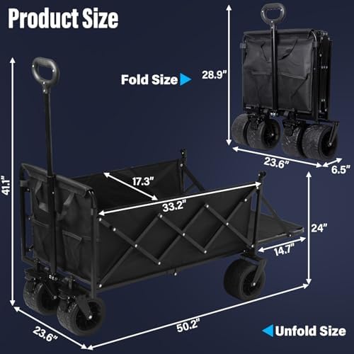 Collapsible Wagon Cart, Folding Cart with 600LBS Capacity, Black | All-Terrain Wheels & Built-In Brakes, Heavy Duty Utility Wagon for Grocery Camping Garden Shopping Sports