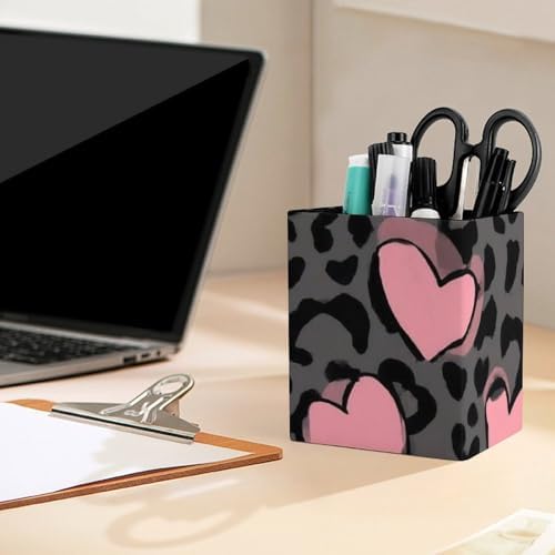 Fashion Leather Pen Holder Desktop Stationery Organizer Makeup Brush Cup Love Heart Dark Gray Black Leopard Cheetah Print