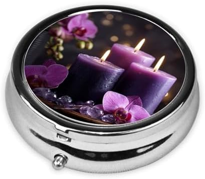 Pill Box 3 Compartment Medicine Pill Case for Pocket or Purse Mini Metal Pillcase Purple Flowers and Candles Pill Holder Vitamin Organizer Portable Travel Pills Container to Hold Supplements Vitamins