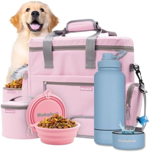Rubyloo Original Doggy Bag (Pink) & 32oz Insulated Water Bottle with Attached 8oz Bowl (Solid Dusty Blue) – Dog Travel Bag & Hydration Set