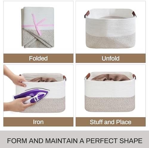 Large Cotton Rope Storage Basket with Leather Handles, Laundry Hamper Basket, 20 "L x 14" W x 12 "H, Durable & Stylish Organizer for Home.(Large Brown)