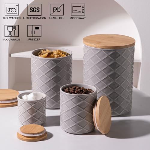 Sweejar Ceramic Canisters Sets for Kitchen Countertop, Relief Food Storage Jar with Bamboo Lid, Stackable Container for Flour, Coffee, Pasta, Cereal, Tea, Cookies, Sugar, Spices, Pack of 4 (Gray)