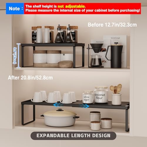 Magheo Expandable Cabinet Shelf Organizer, 1 Pack Stackable Kitchen Counter Shelf Riser, Metal Spice Rack Heavy Duty Countertop Organizer Storage for Kitchen, Pantry, Cupboard, Rv (5.9in Height,Black)