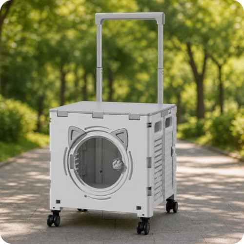 Outdoor Travel Cart Pet Trolley Carrier Wagon with Foldable Box Body Telescopic Pull Handle Casters Ventilated Panels Viewing Window PP Suitable for, Array, Khaki