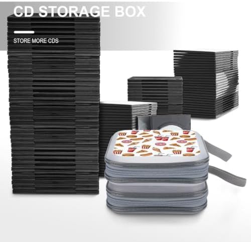 CD DVD Case Holder Hamburgers Pizza Disc Wallet Storage Case 40 Capacity | DVD Organizer, Hamburgers French Fries Pizza Fast Food, Hand Strap Zipper Closure, Home Car Office Accessories